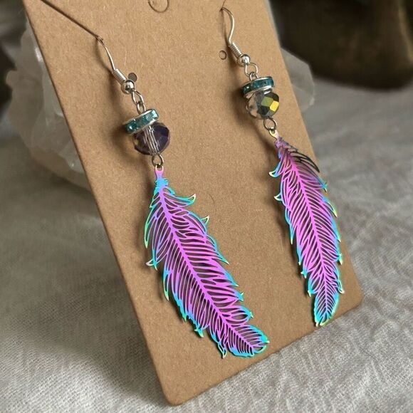 Iridescent Rainbow Feather Dangle Rhinestone Earrings .925 Sterling Silver - Picture 1 of 6